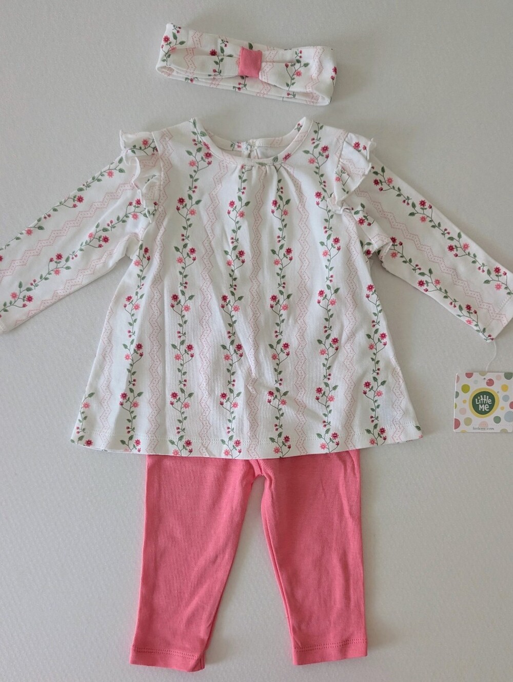 NWT Little Me girls' floral-print tunic and pink leggings Matching Headban 9M